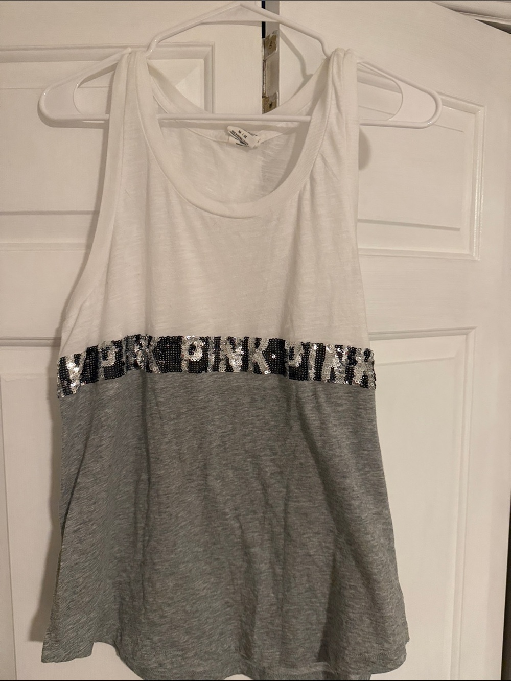 PINK Victoria's Secret White and Gray Sequin Logo Tank Top